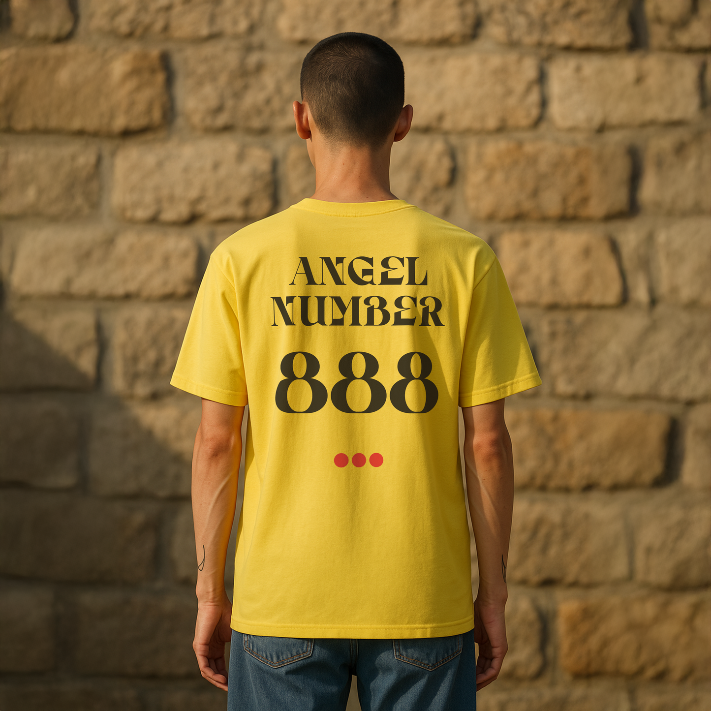 Model wearing a Yellow Tee with Angel Number 888 depicted on the back in black print and underscored by 3 red dots. A slogan is written across the front saying, "Read the signs" .