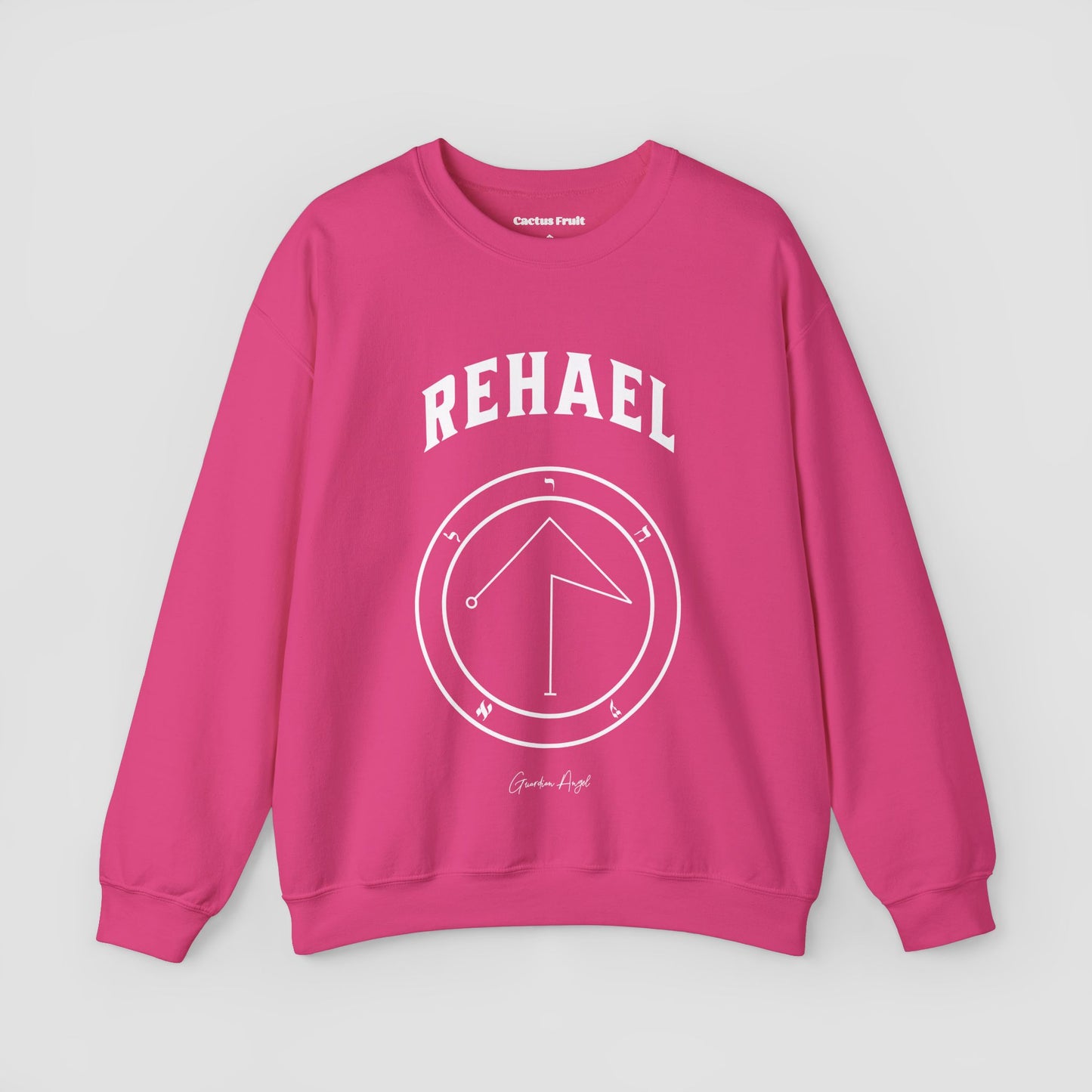 No.39 Shemhamphorasch Guardian Angel "Rehael" Sweatshirt in Heliconia Pink. With the seal of Rehael in white print on the front.