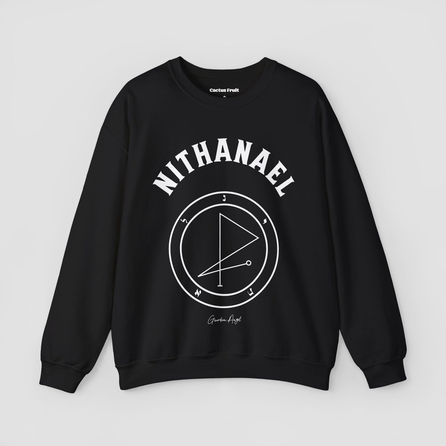 No.54 Shemhamphorasch Guardian Angel "Nithanael" Sweatshirt in Black. With the seal of Nithanael in white print on the front.