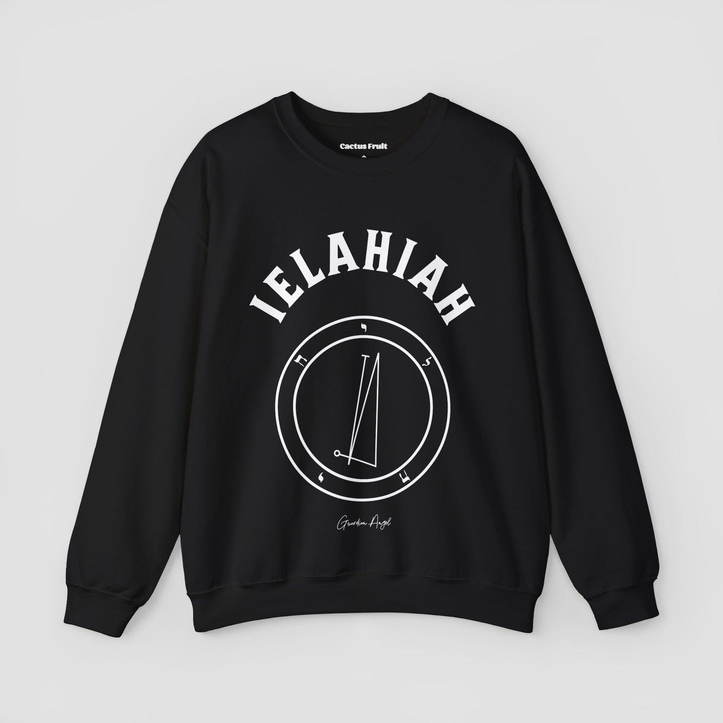 No.44 Shemhamphorasch Guardian Angel "Ielahiah" Sweatshirt in Black. With the seal of Ielahiah in white print on the front.