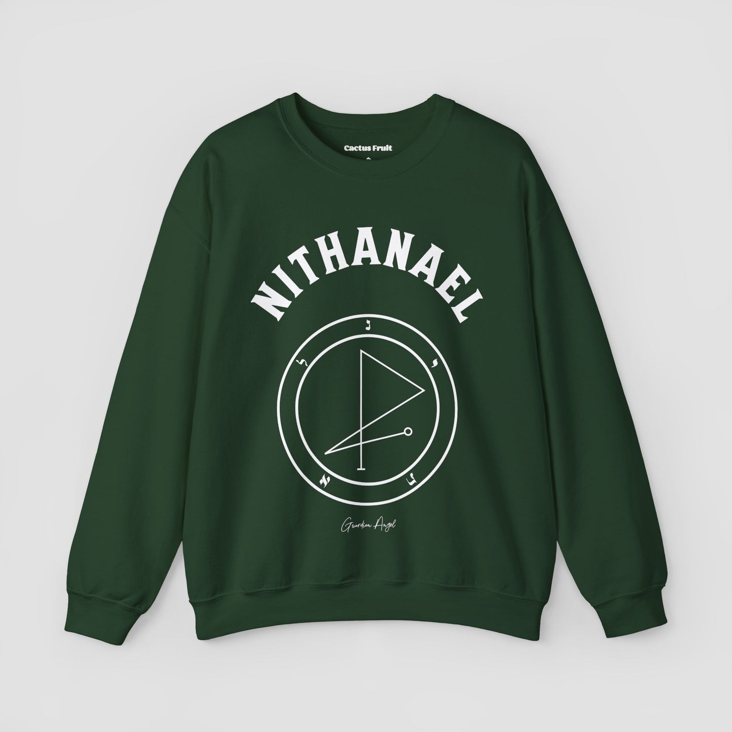 No.54 Shemhamphorasch Guardian Angel "Nithanael" Sweatshirt in Forest Green. With the seal of Nithanael in white print on the front.
