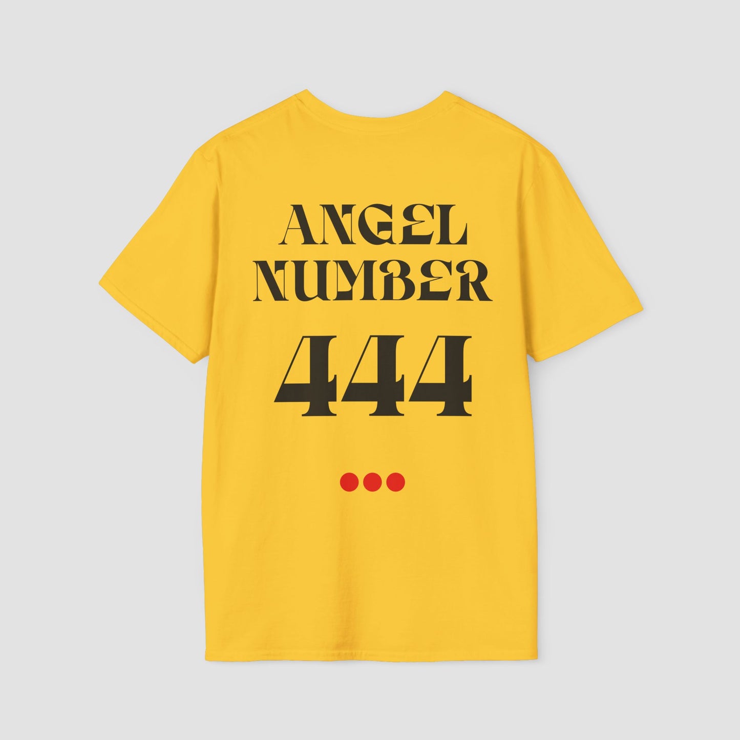 Yellow t-shirt with 'ANGEL NUMBER 444' printed on the back against a light gray background