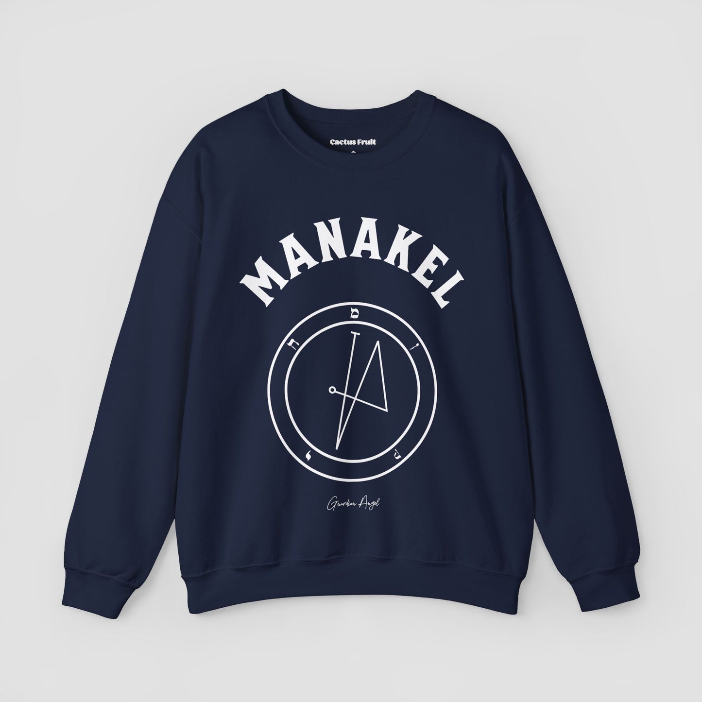 No.66 Shemhamphorasch Guardian Angel "Manakel" Sweatshirt in Navy Blue. With the seal of Manakel in white print on the front.