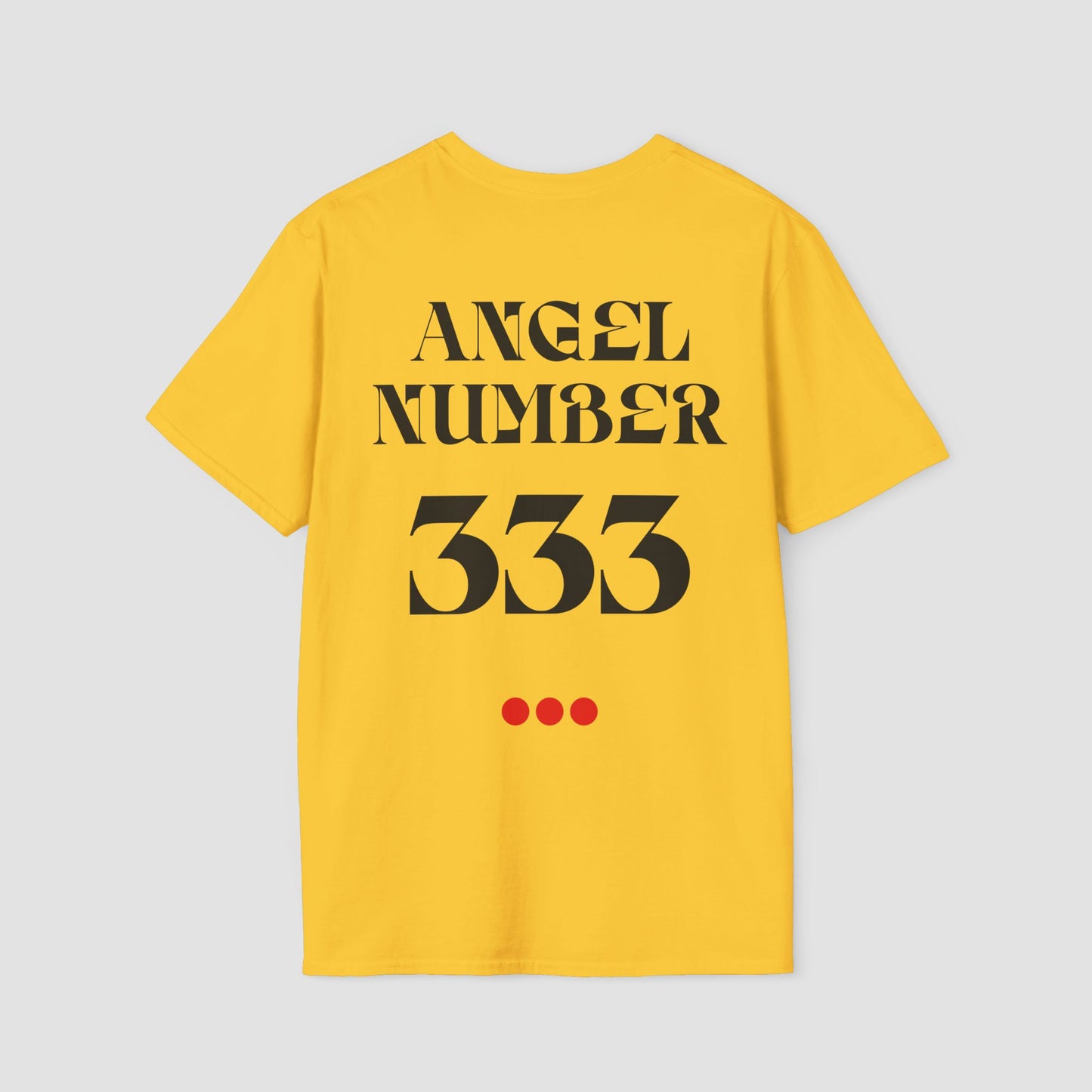 Yellow t-shirt with 'ANGEL NUMBER 333' text on a gray background