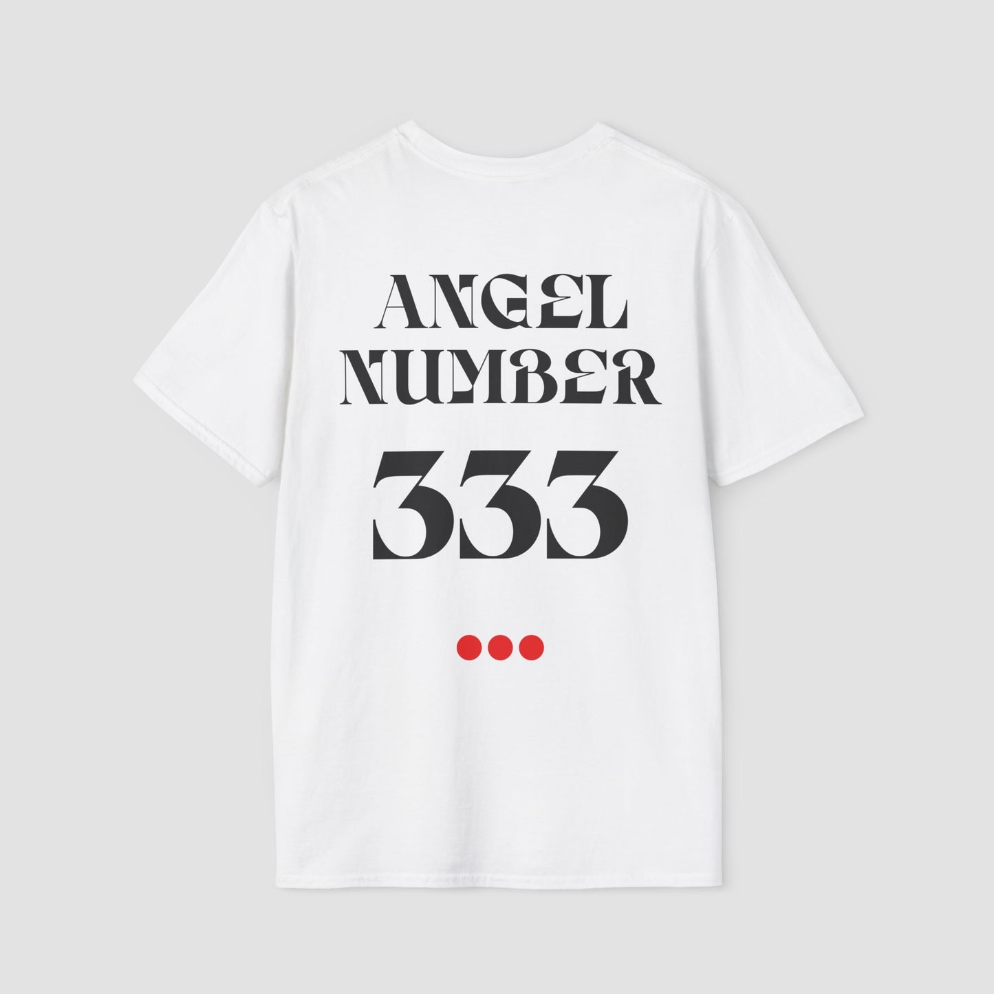 White t-shirt with 'ANGEL NUMBER 333' printed on a gray background