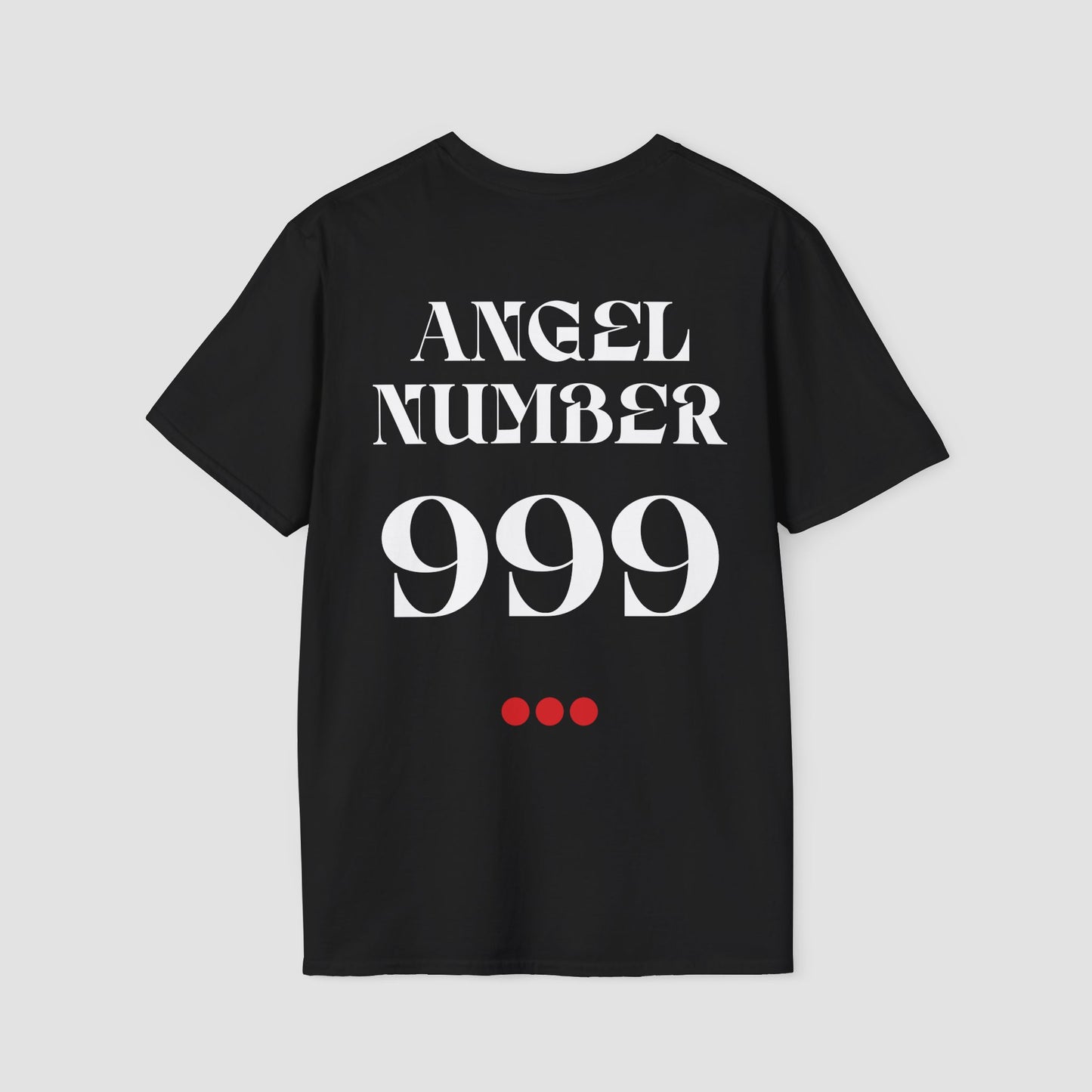 Black Tee with Angel Number 999 depicted on the back in white print and underscored by 3 red dots. A slogan is written across the front saying, "Read the signs" .