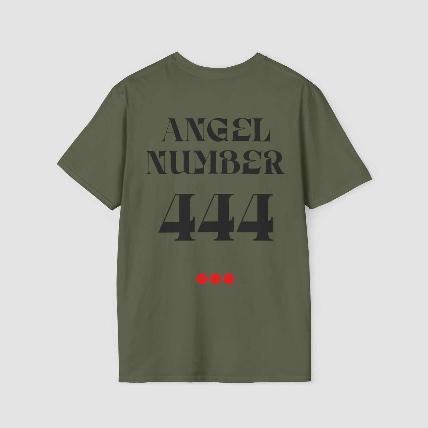 Green t-shirt with 'ANGEL NUMBER 444' text on a light gray background