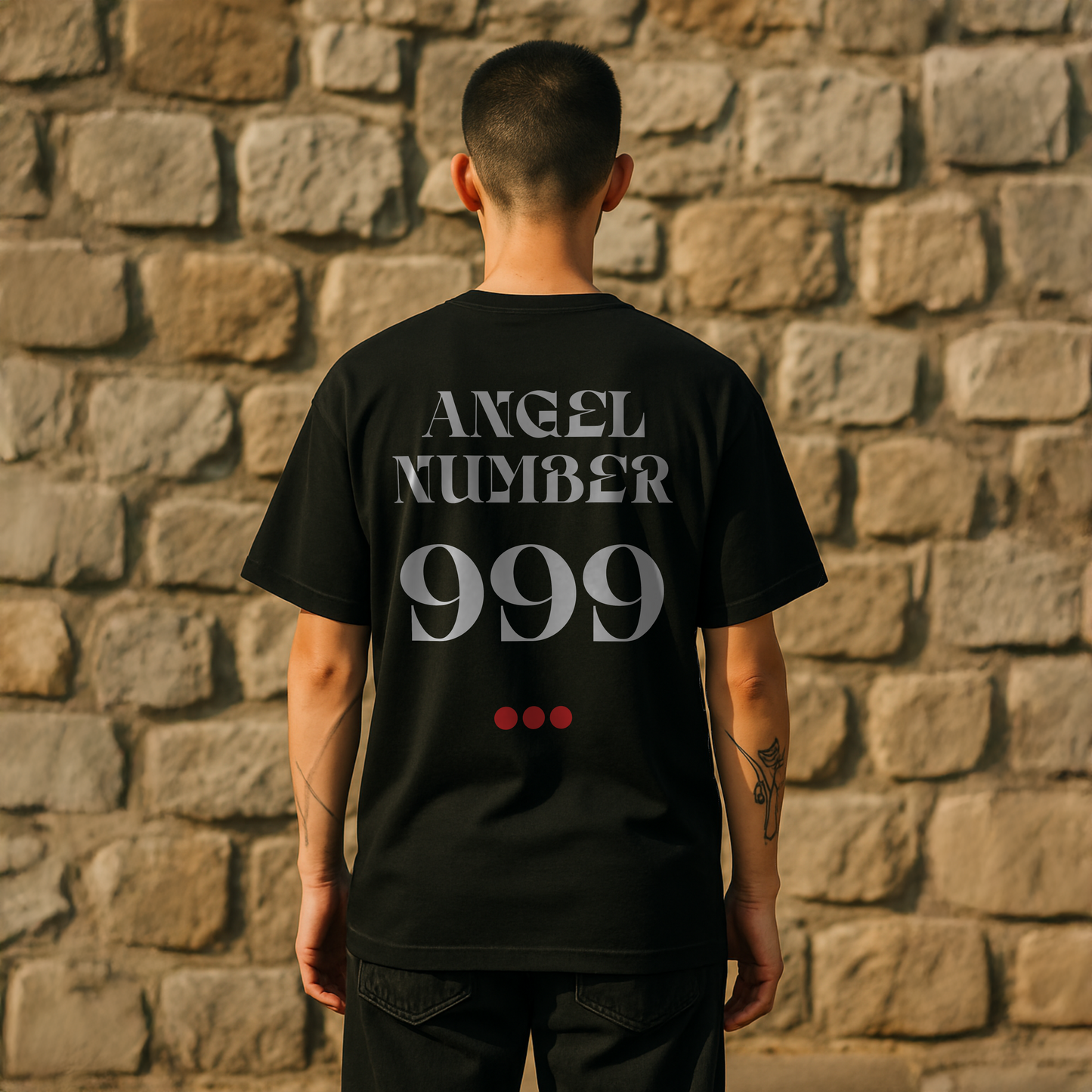 Model wearing a Black Tee with Angel Number 999 depicted on the back in white print and underscored by 3 red dots. A slogan is written across the front saying, "Read the signs" .