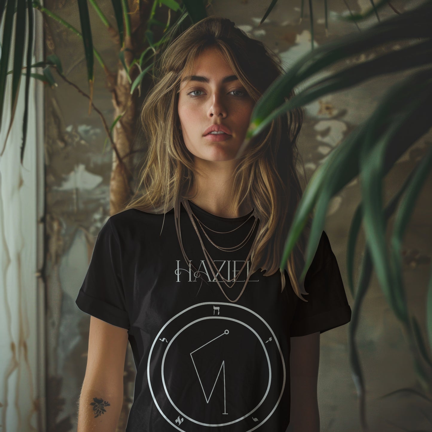 Model wearing No.9 Haziel Shem Hamephorash Guardian Angel T-Shirt in black with symbol of Haziel on front