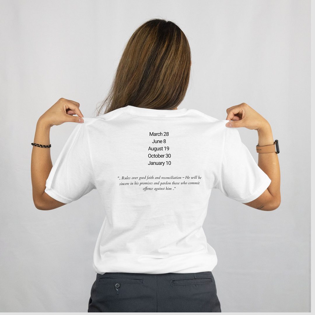 Attributes of No.9 Haziel Shem Hamephorash Guardian Angel written on the back of a white T-Shirt.