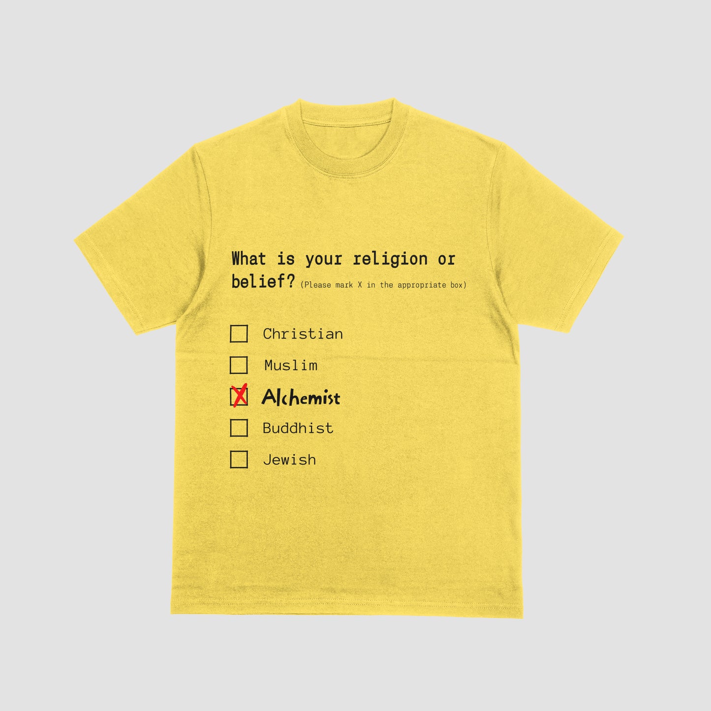 Yellow t-shirt with a humorous religious belief questionnaire on a light gray background