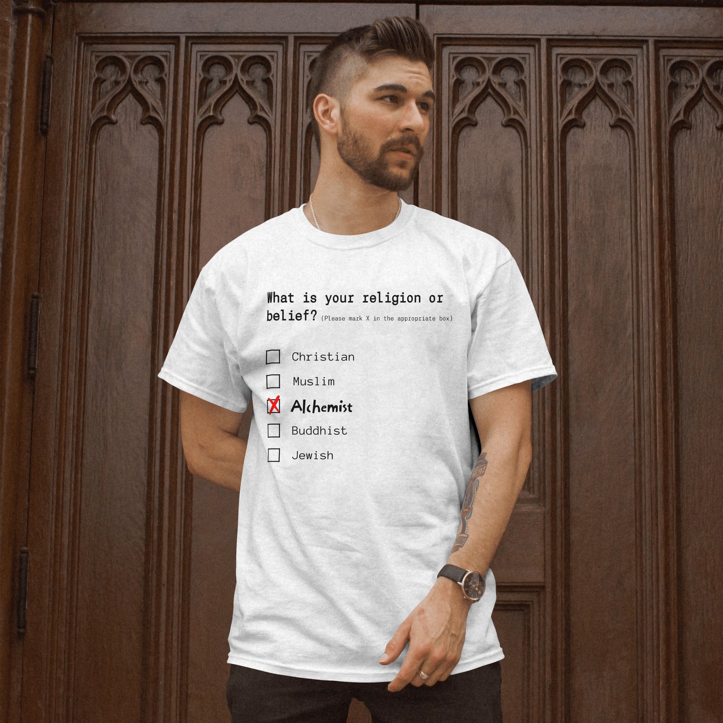 Model wearing an Alchemist Religion T-Shirt in White