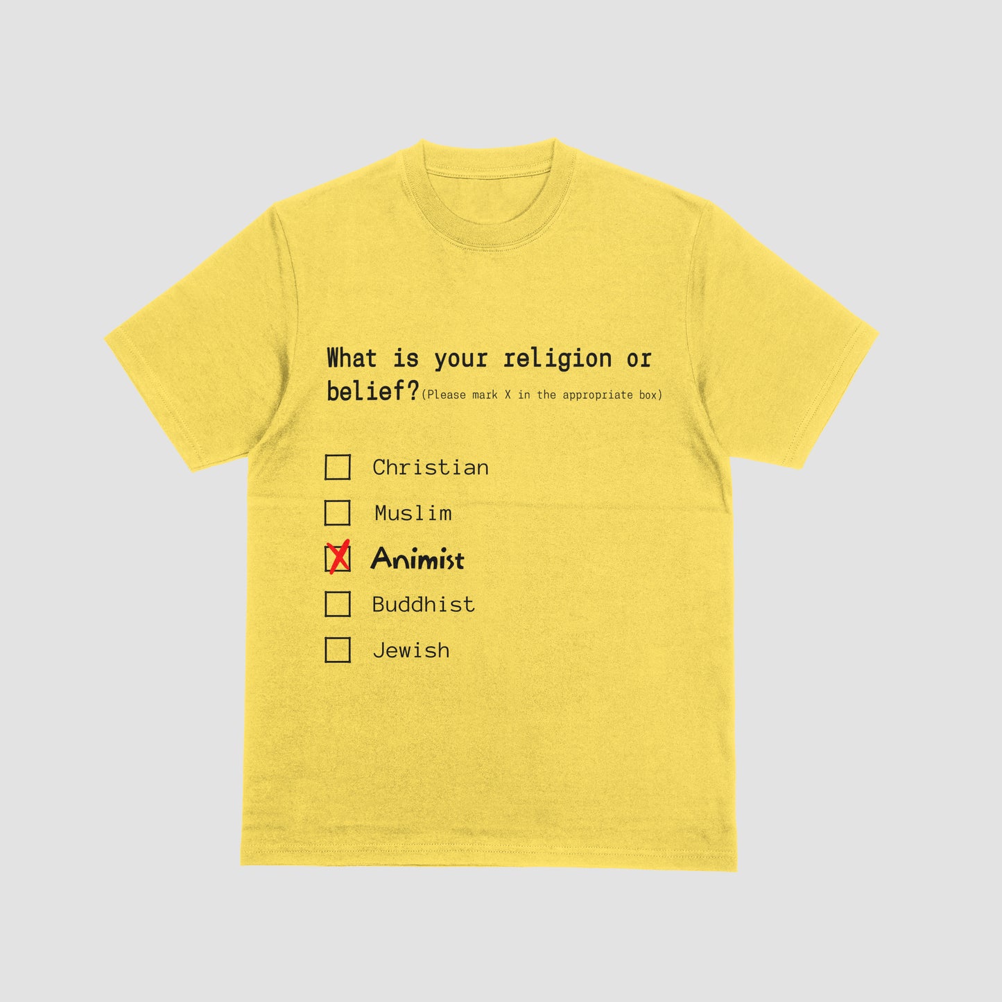 Yellow t-shirt with a humorous religious belief questionnaire on a light gray background