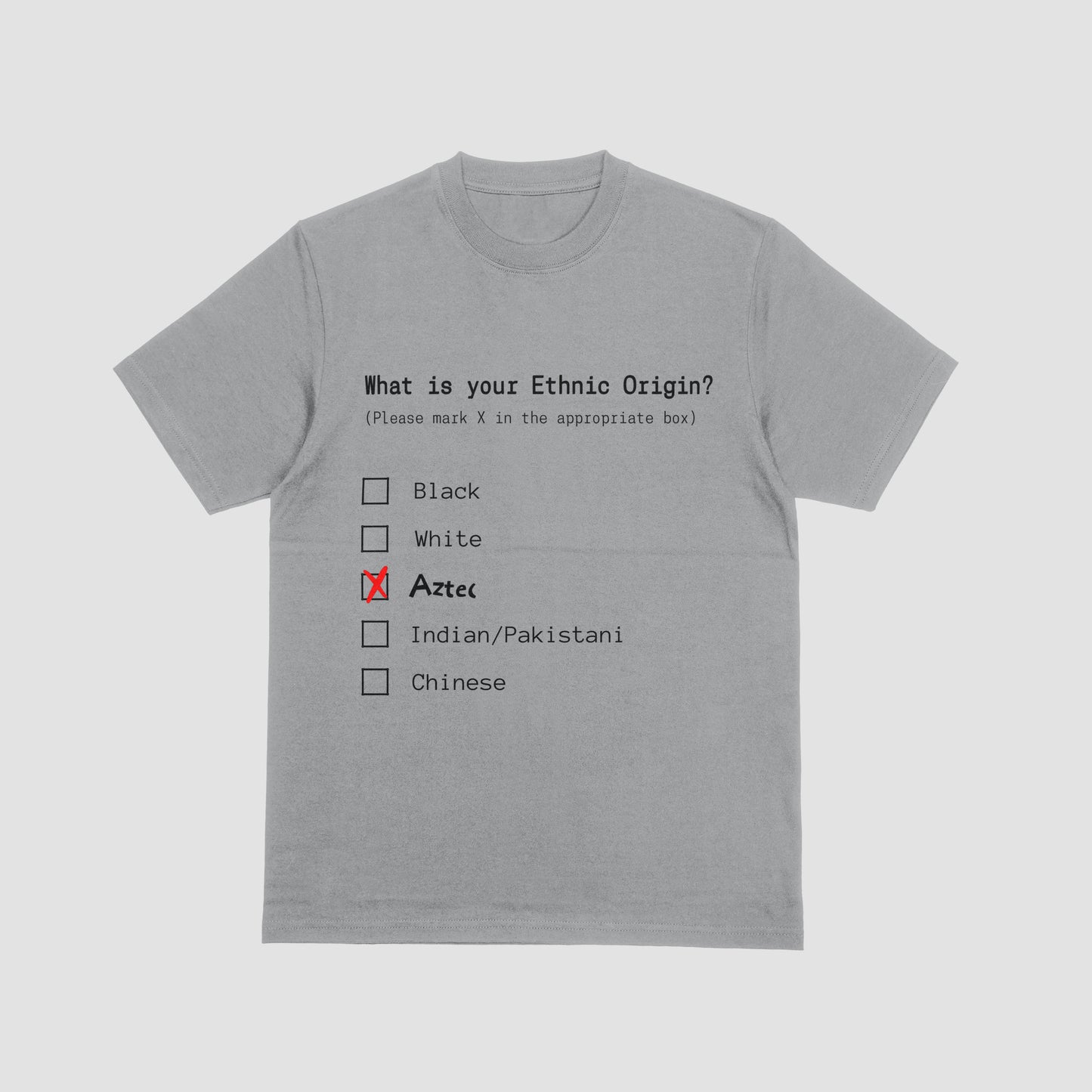 Gray t-shirt with a humorous ethnic origin questionnaire design on a light gray background