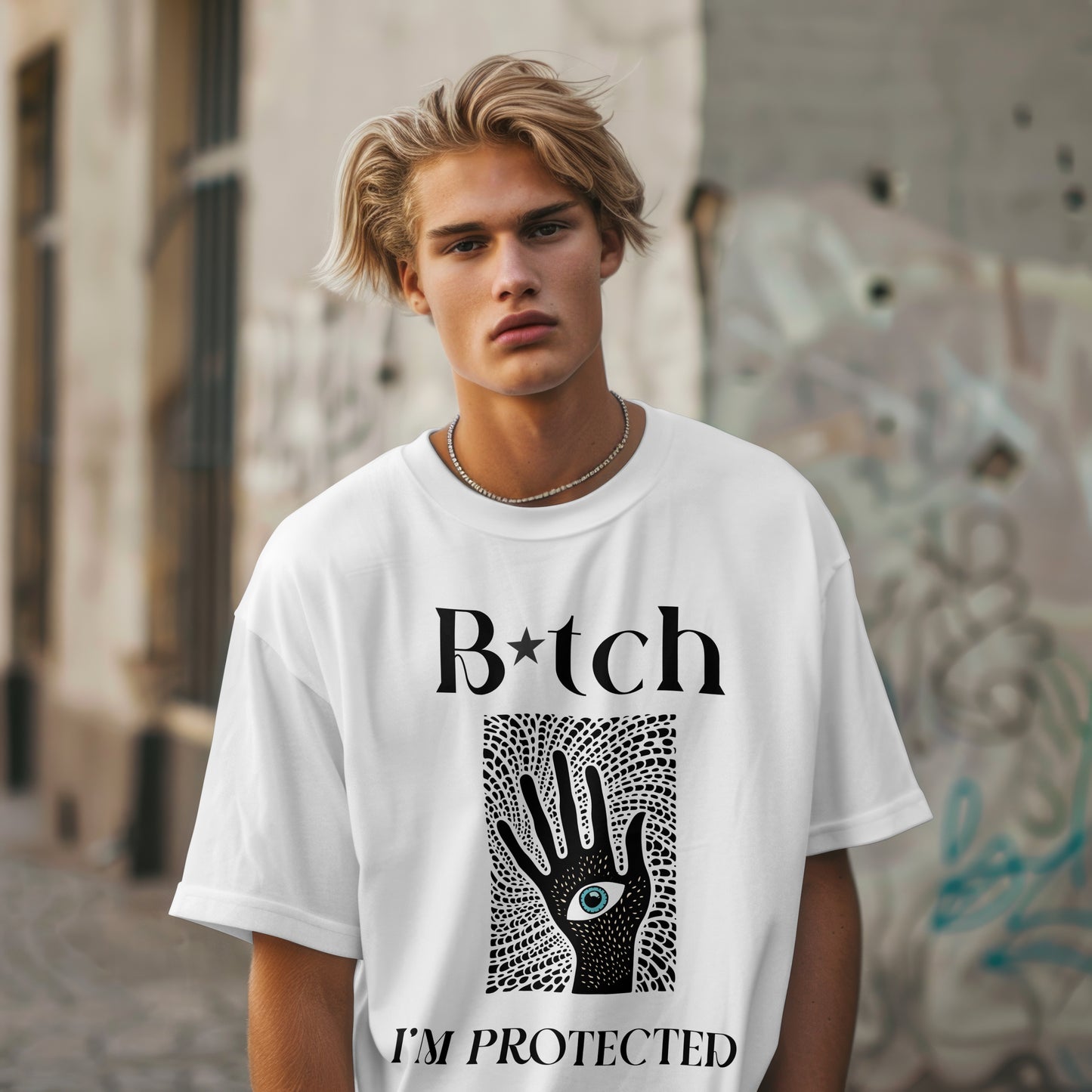Model wearing a White t-shirt featuring the black silhouette of a hand with an evil eye emblem on the palm - surrounded by the slogan, "Bitch I'm Protected"
