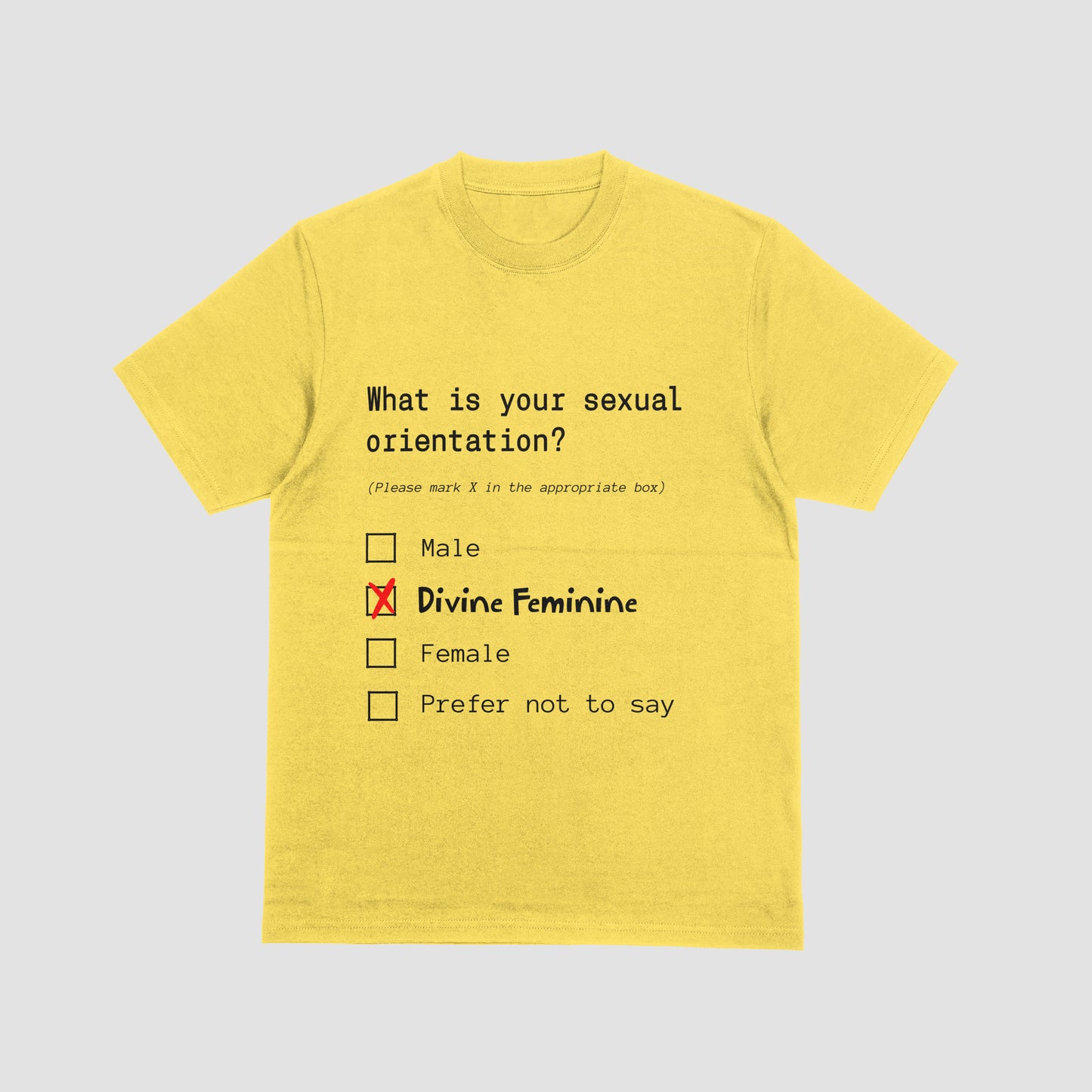 Yellow t-shirt with a humorous questionnaire design on a light gray background