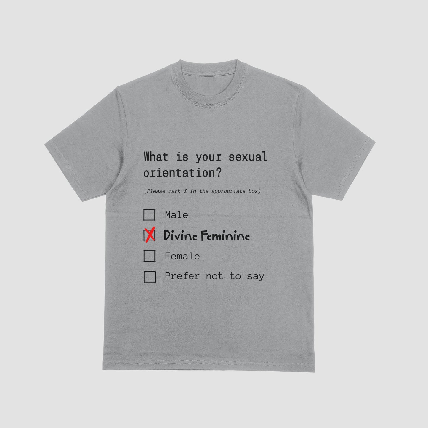 Gray t-shirt with a humorous survey design on a white background