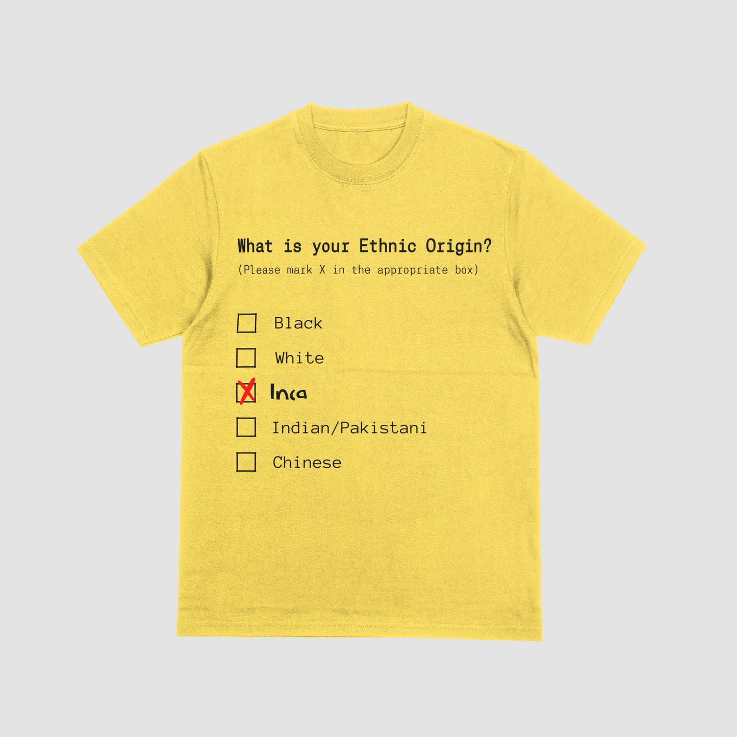 Yellow t-shirt with a humorous ethnic origin questionnaire on a light gray background