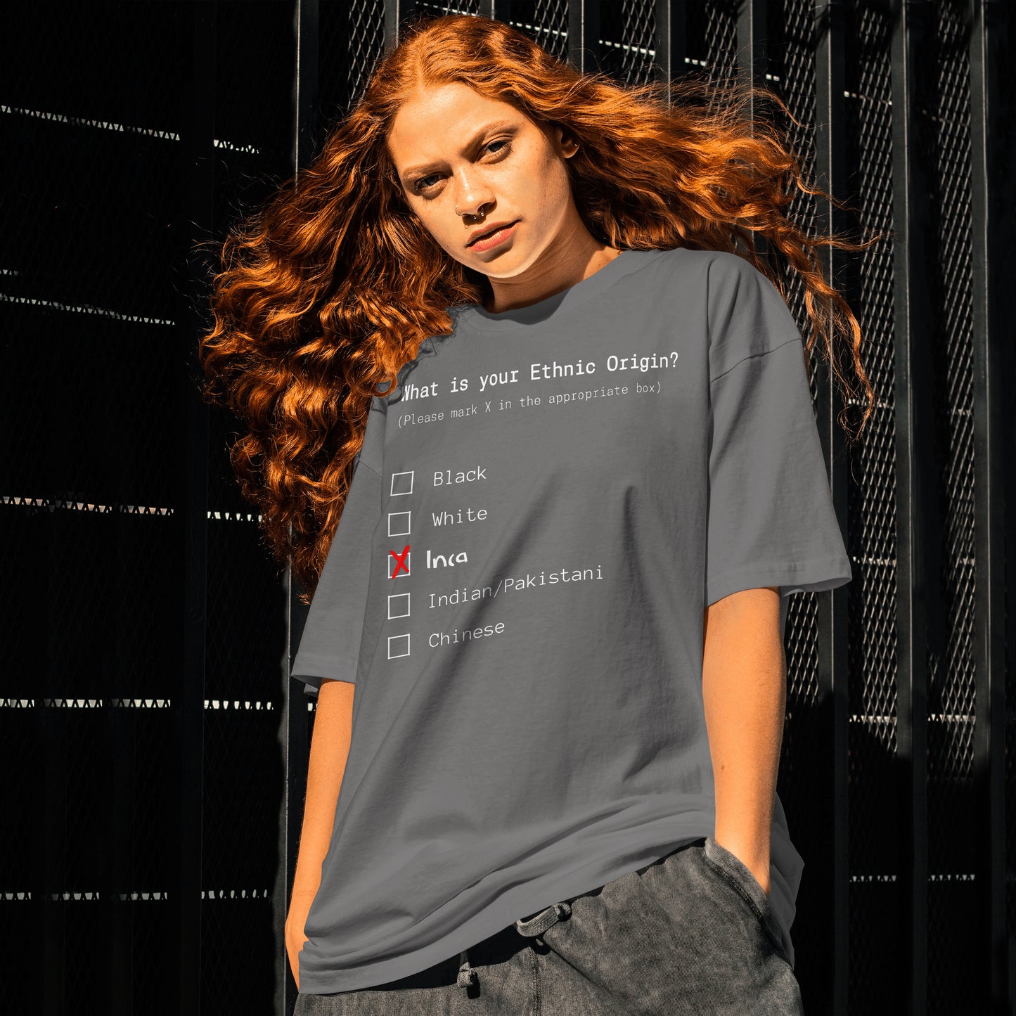 Model wearing an Inca ethnicity T-Shirt in Charcoal