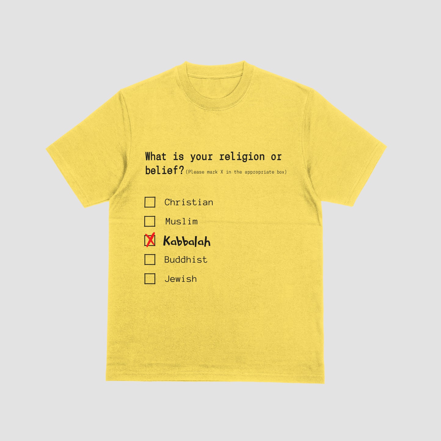 Yellow t-shirt with a humorous religious belief questionnaire on a light gray background