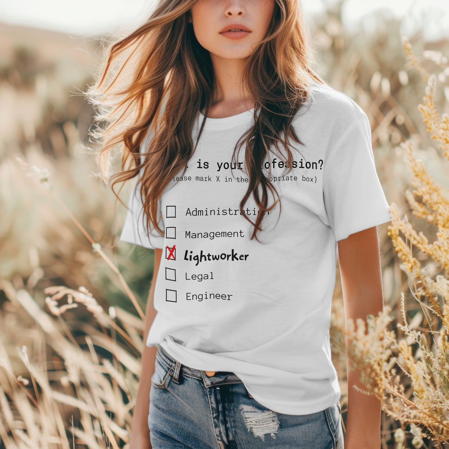 Person wearing a white t-shirt with a humorous profession checklist in a natural setting