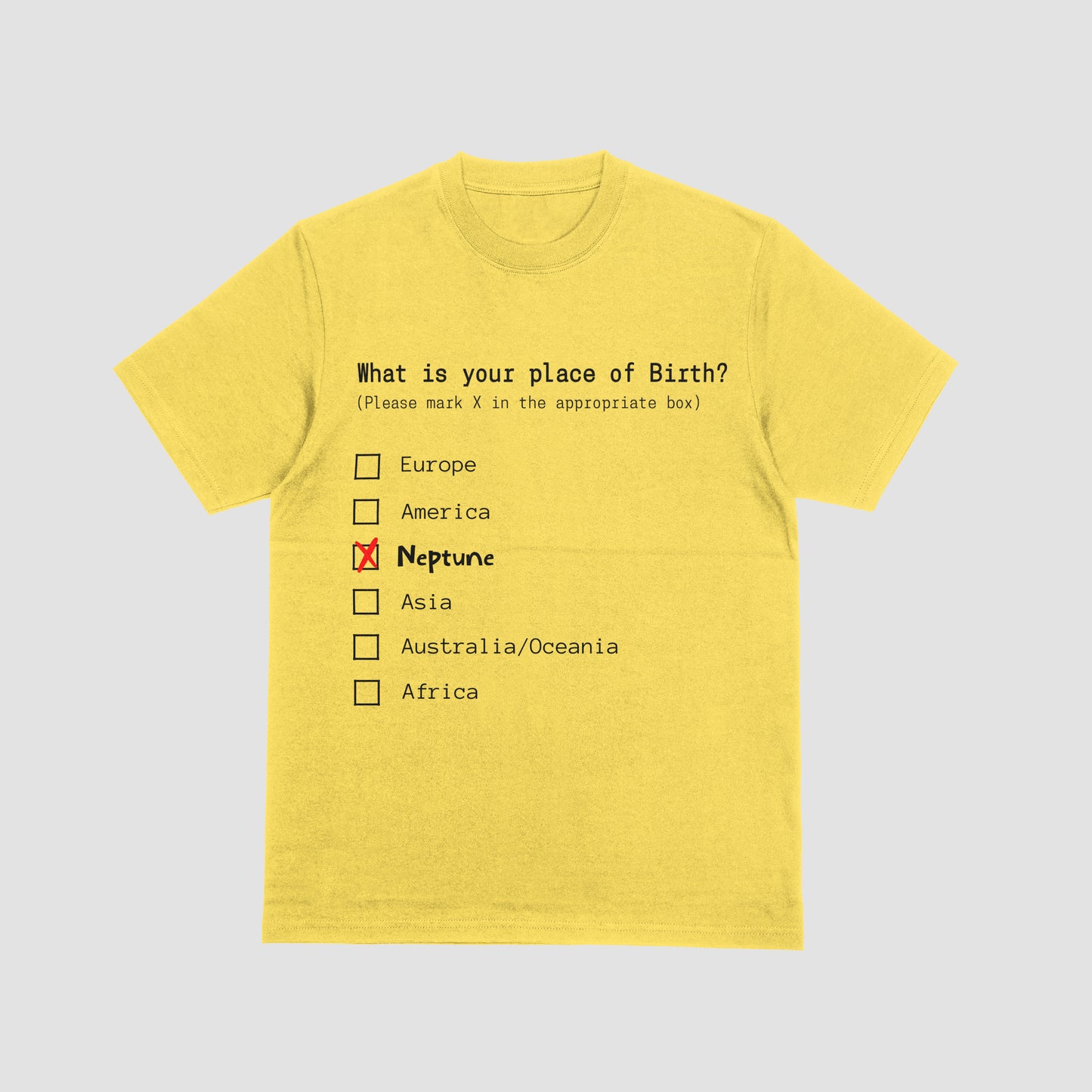 Yellow t-shirt with a humorous quiz design on a light gray background