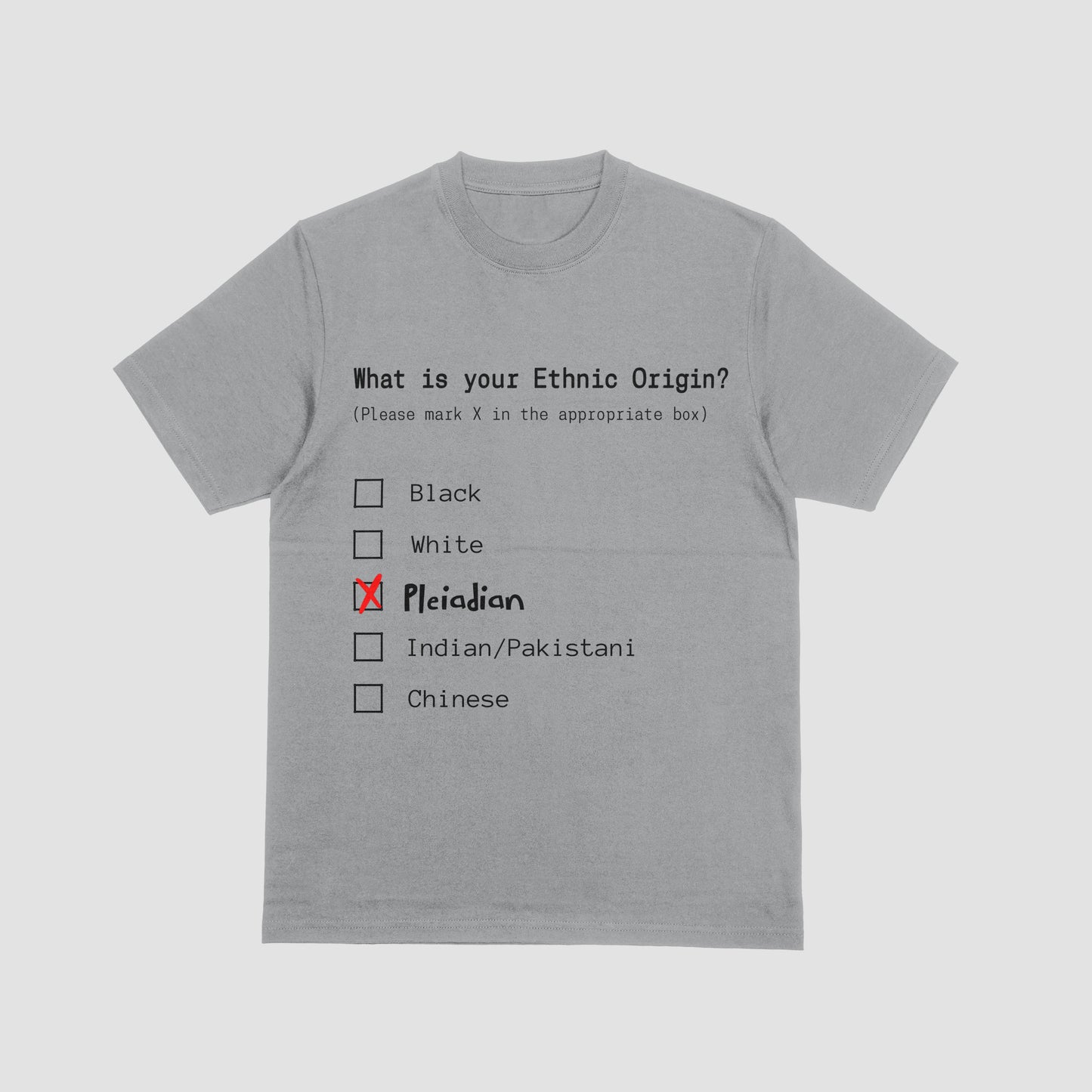 Gray t-shirt with a humorous ethnic origin questionnaire design on a light gray background
