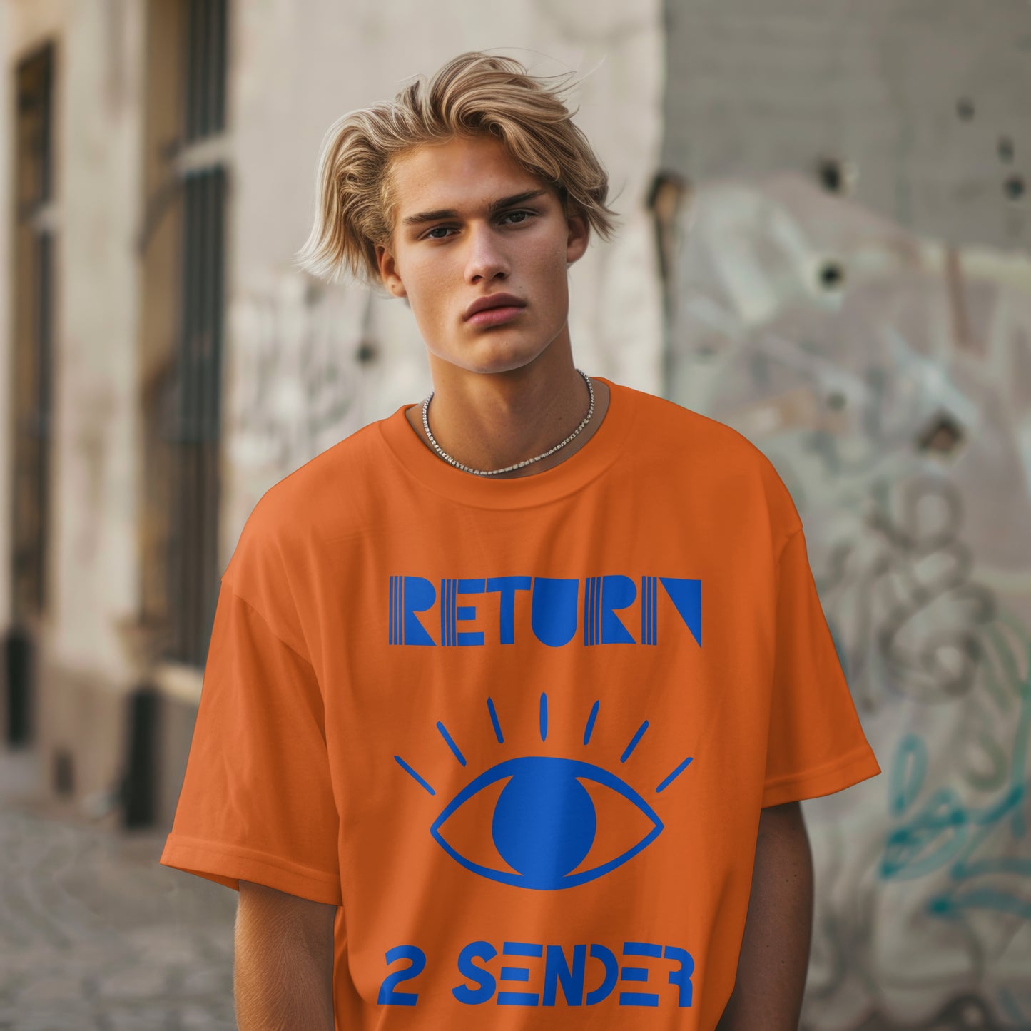Model wearing an orange T-Shirt with large Blue evil eye emblem on the front and the words Return 2 Sender.