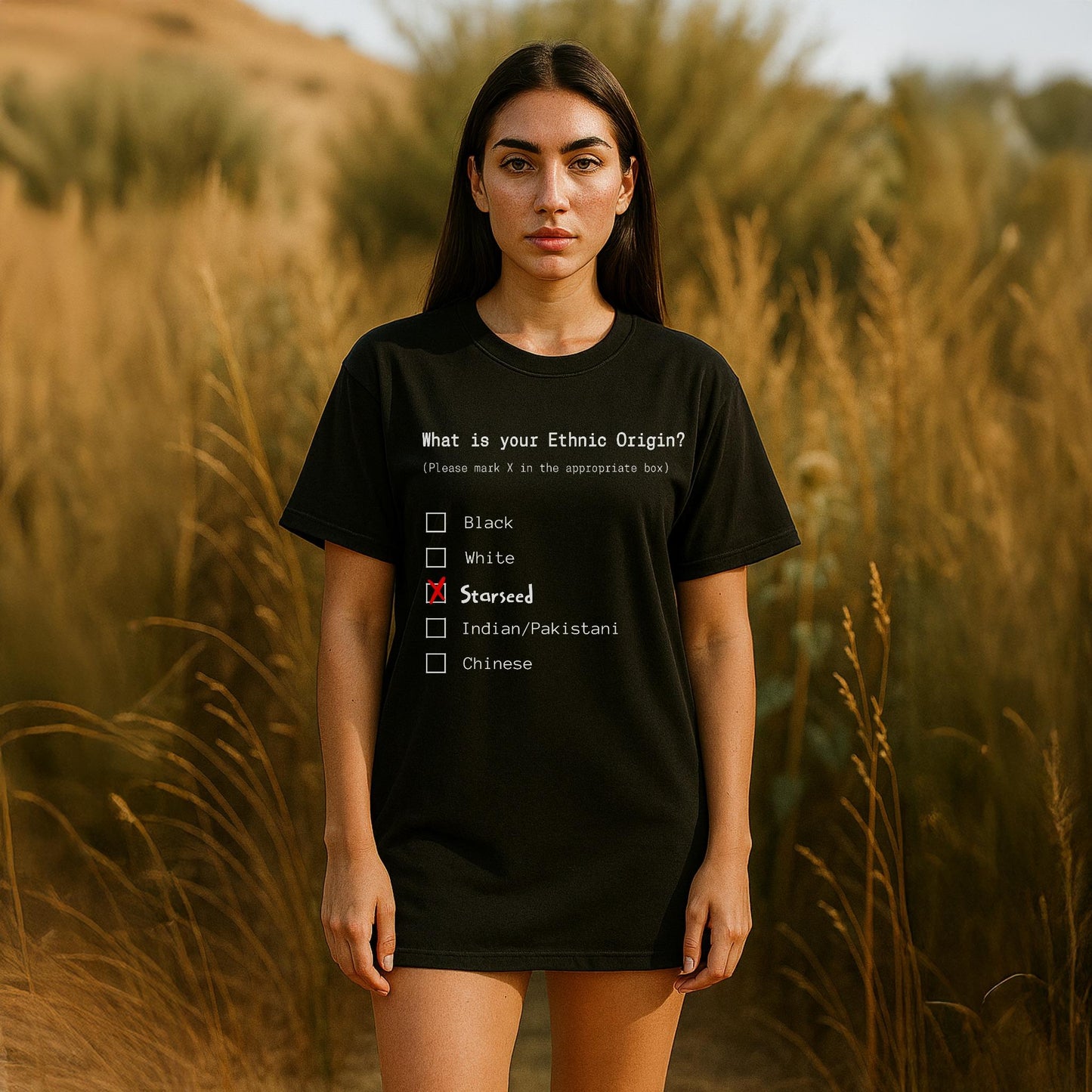 Person wearing a black t-shirt with a racial profiling question in a field