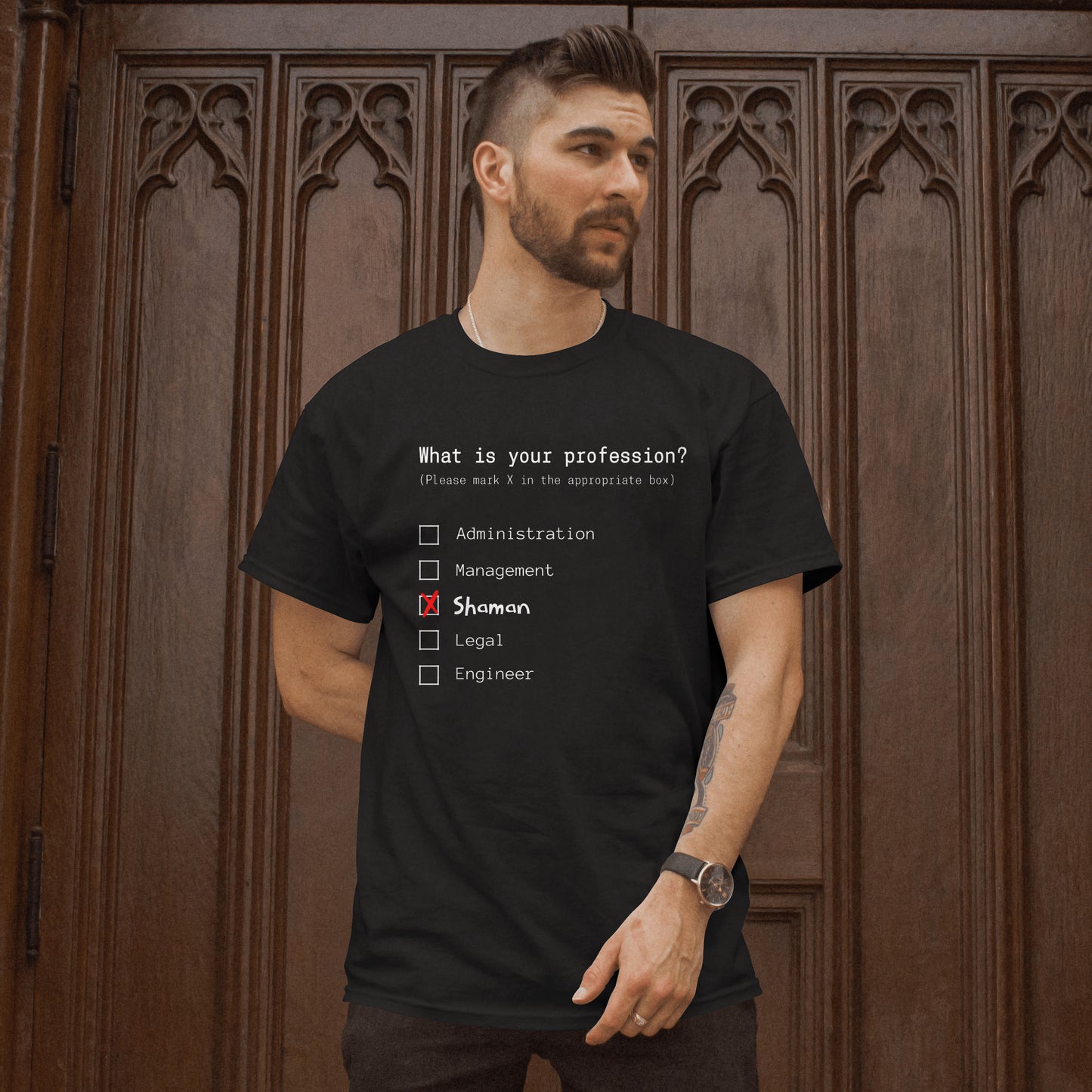 Model wearing a Shaman Profession T-Shirt in Black