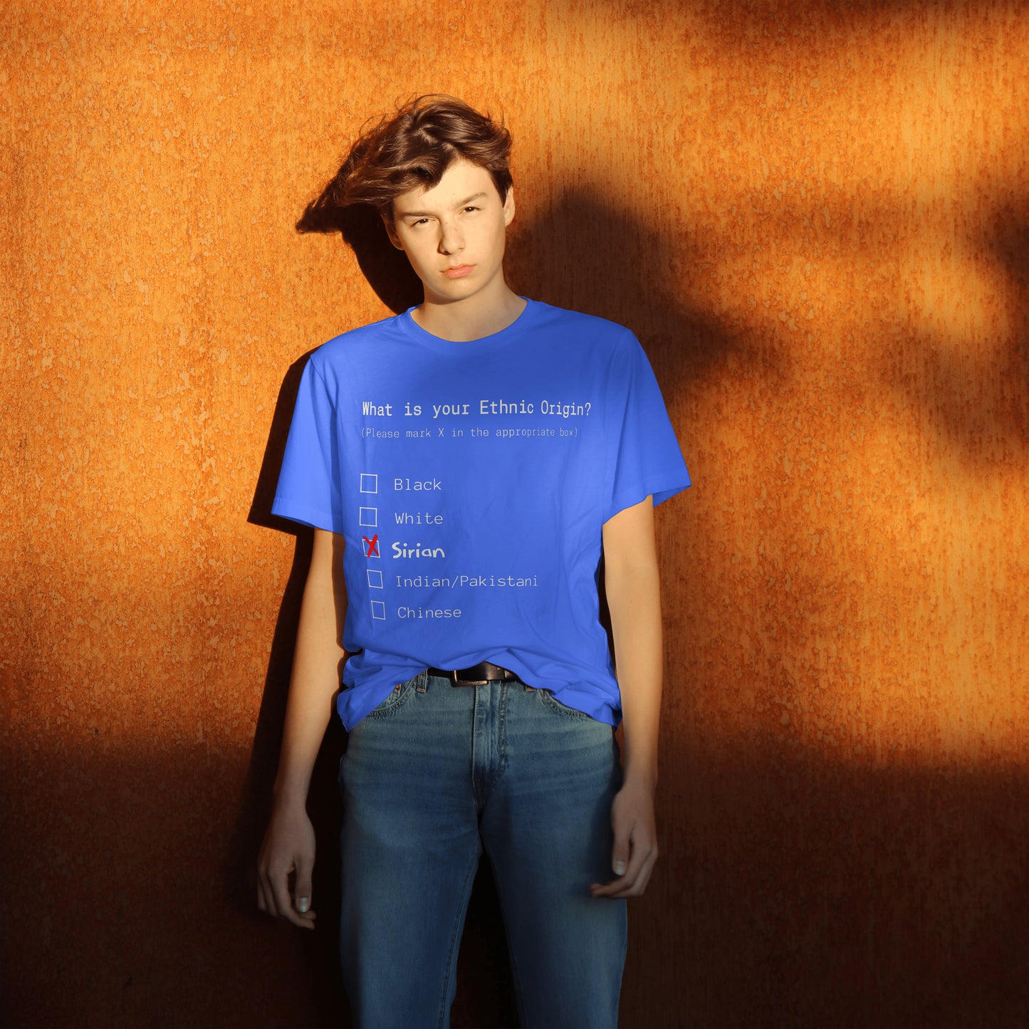 Person wearing a blue t-shirt with a racial profiling问卷 on an orange background