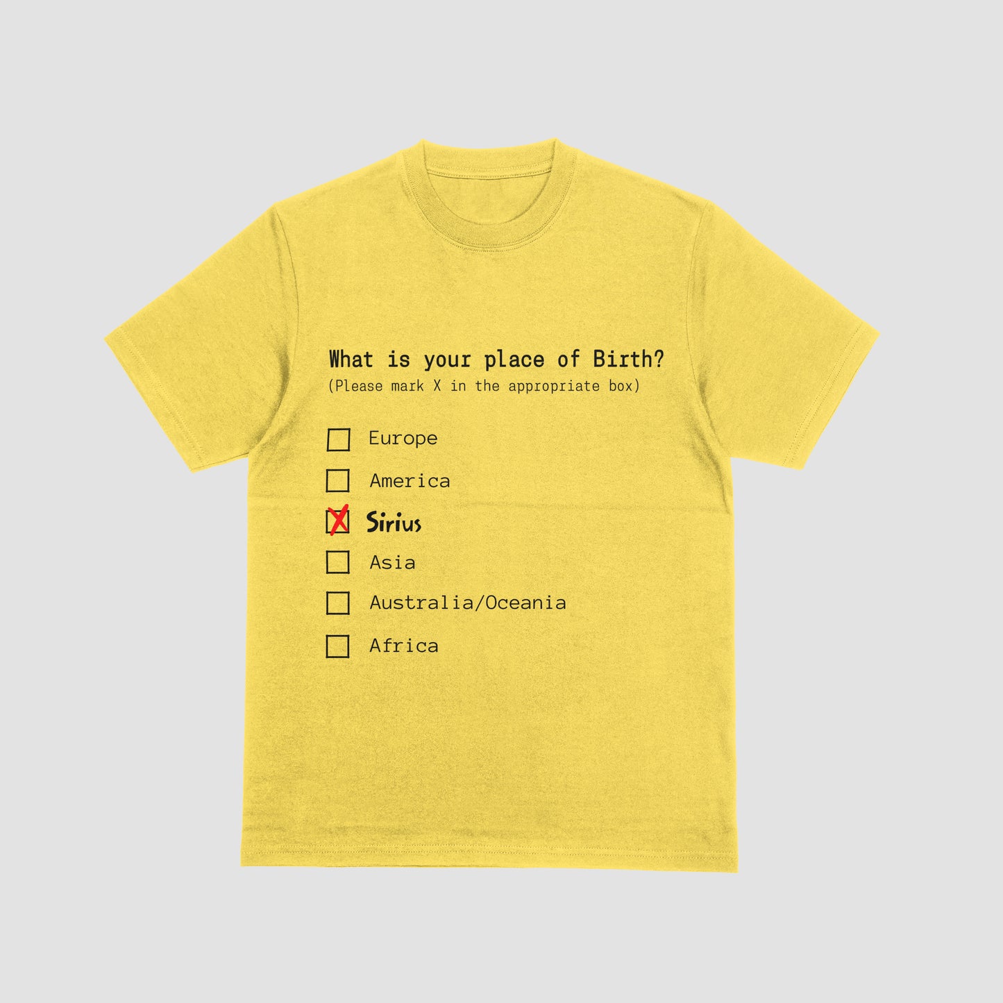 Yellow t-shirt with a humorous 'place of birth' questionnaire design on a light gray background