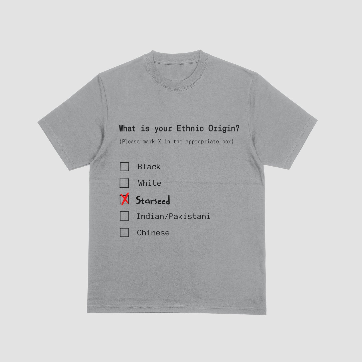 Gray t-shirt with a humorous ethnic origin questionnaire on a white background