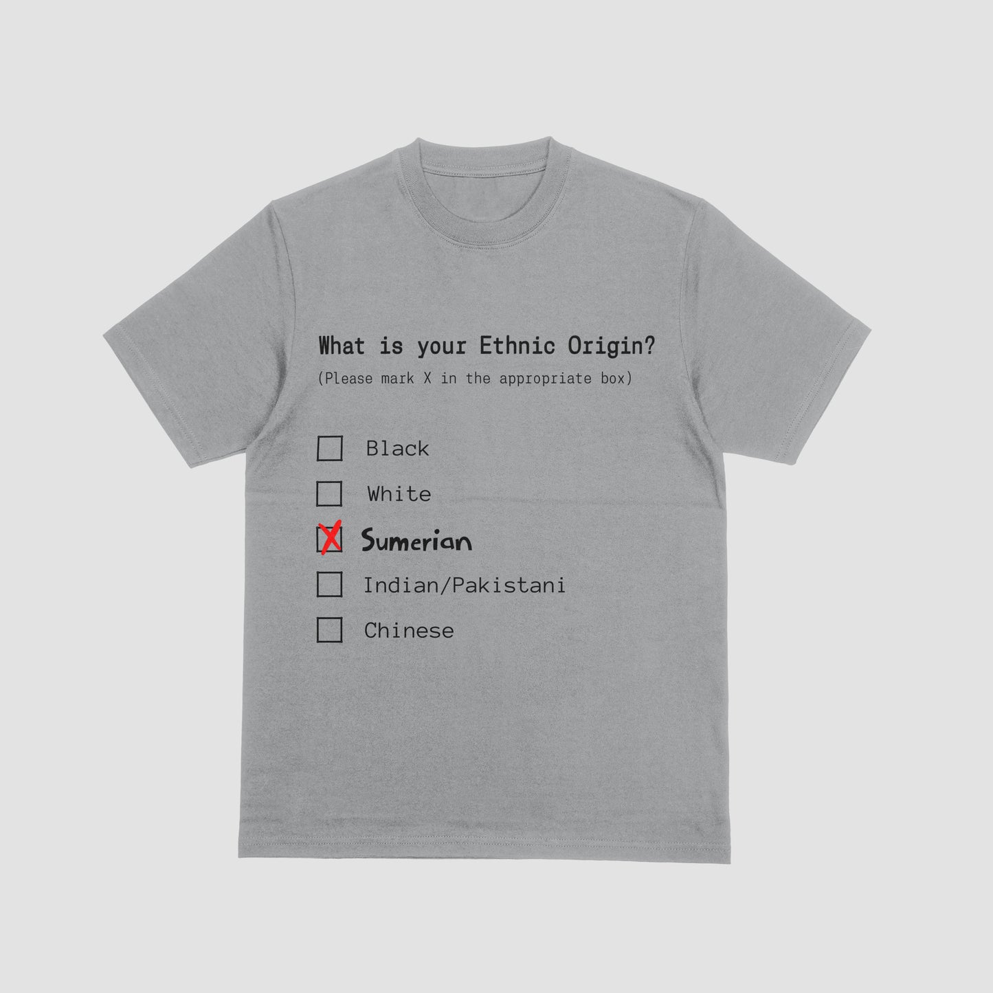 Gray t-shirt with a humorous ethnic origin questionnaire on a white background