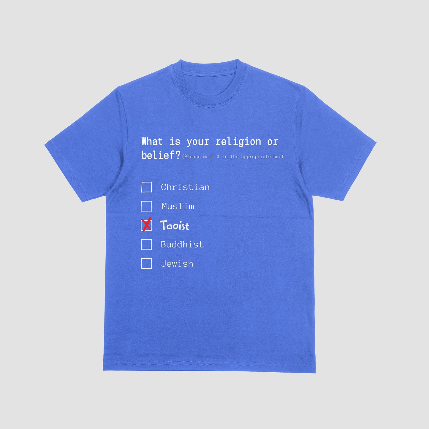 Blue t-shirt with a questionnaire design on a light gray background