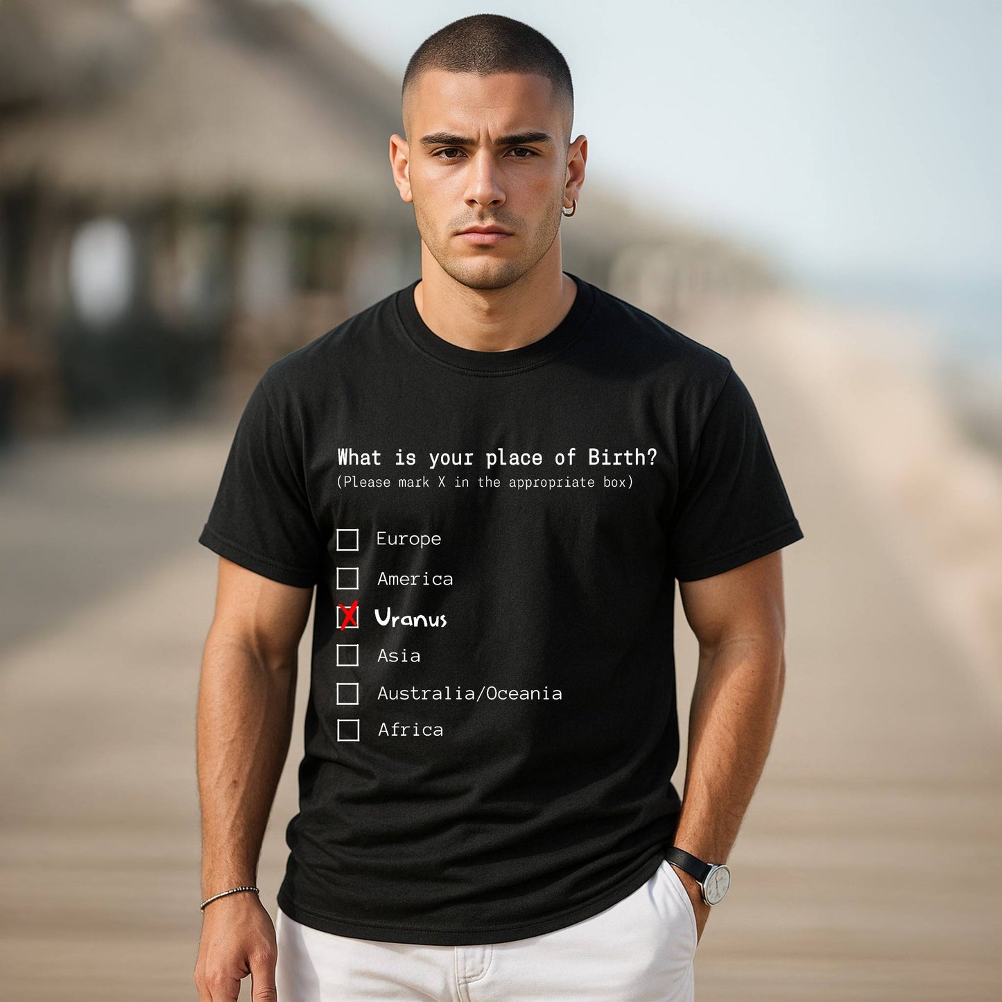 Man wearing a black t-shirt with a humorous questionnaire design outdoors.