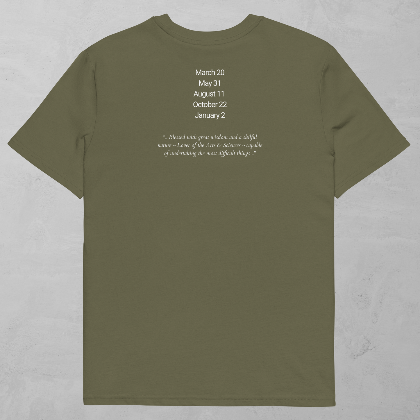 Back of Vehuiah Guardian Angel T-Shirt in Khaki with attributes of angel written on back.