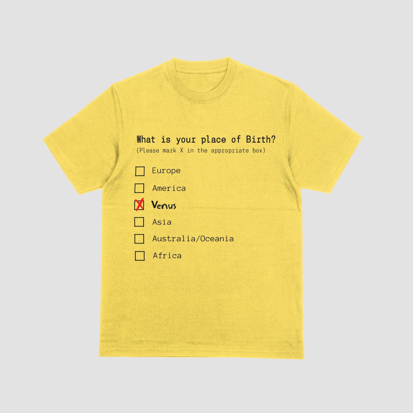 Yellow t-shirt with a humorous quiz design on a light gray background