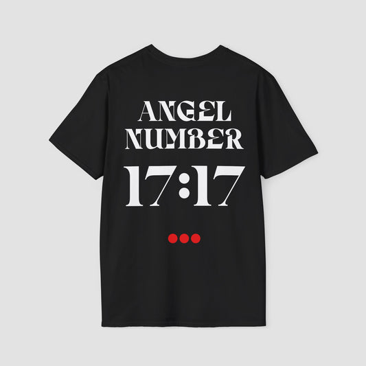 Black  Tee with Angel Number 17:17 depicted on the back in white print and underscored by 3 red dots. A slogan is written across the front saying, "Read the signs" .