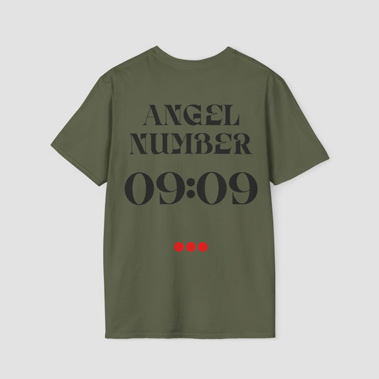 Green t-shirt with 'ANGEL NUMBER 09:09' text on a light gray background