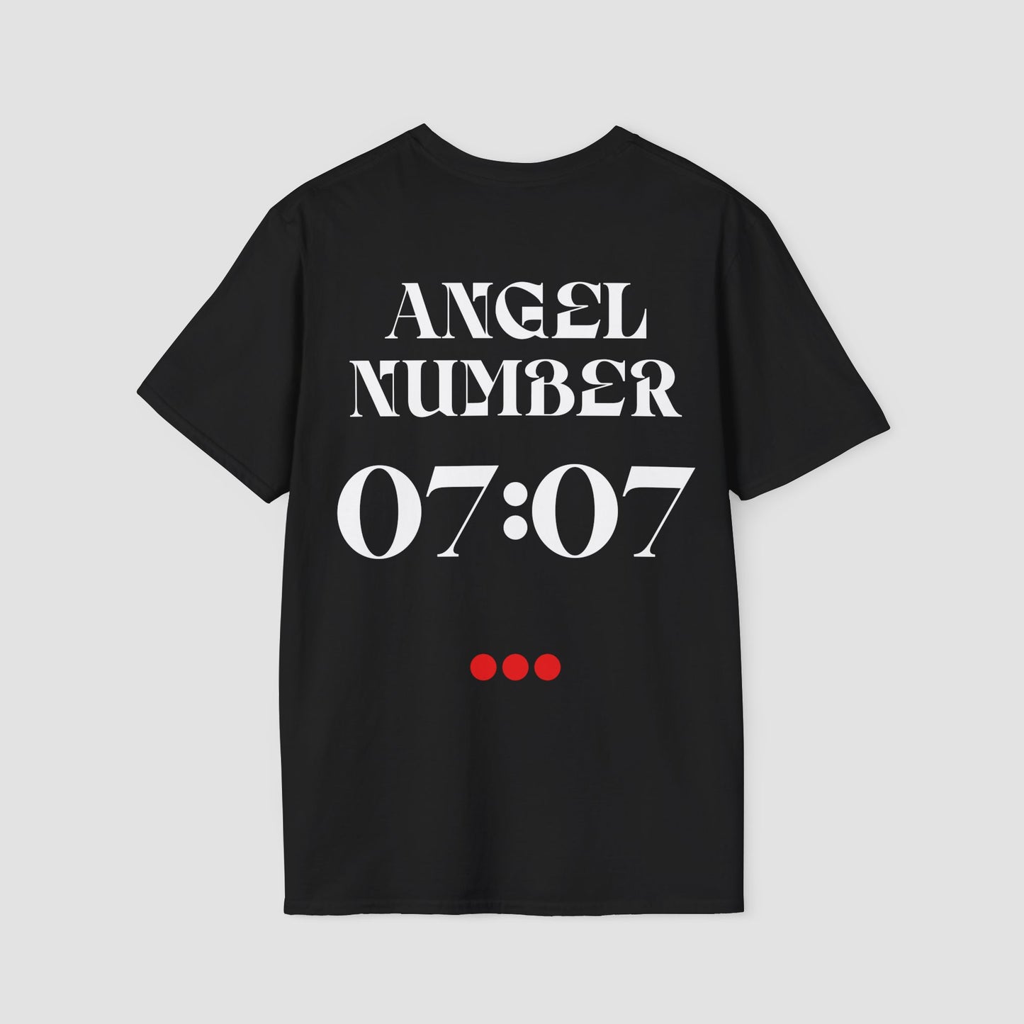 Black t-shirt with 'ANGEL NUMBER 07:07' printed on the back against a light gray background