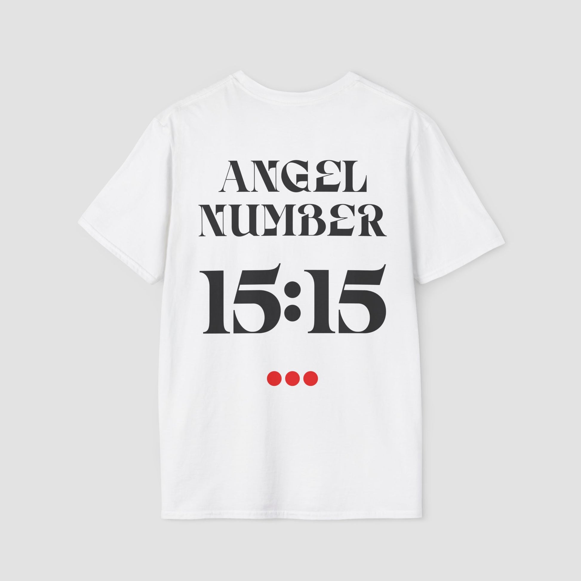 White t-shirt with 'ANGEL NUMBER 15:15' printed on a gray background