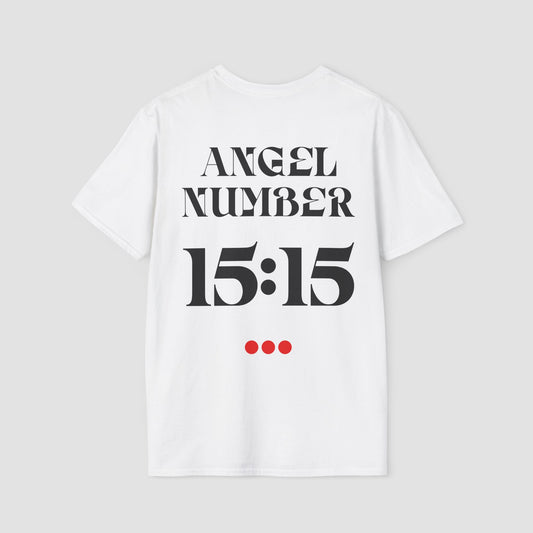White t-shirt with 'ANGEL NUMBER 15:15' printed on a gray background