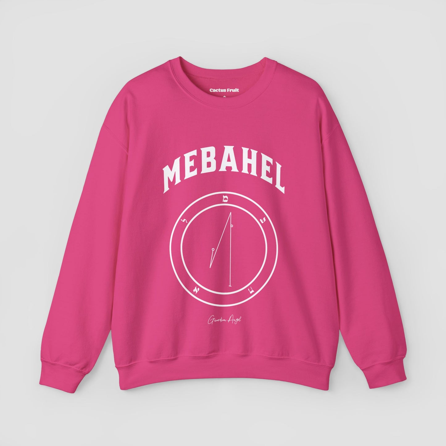 No.14 Shemhamphorasch Guardian Angel "Mebahel"  Sweatshirt  in Heliconia Pink. With the seal of Mebahel in white print on the front. 