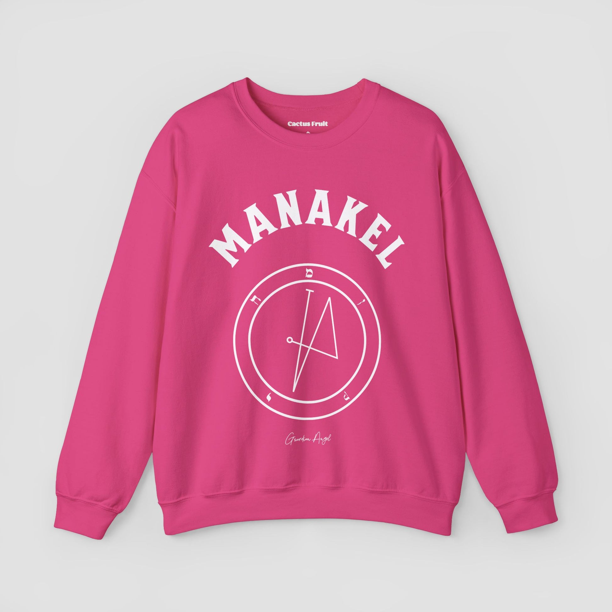 No.66 Shemhamphorasch Guardian Angel "Manakel"  Sweatshirt  in Heliconia Pink. With the seal of Manakel in white print on the front.