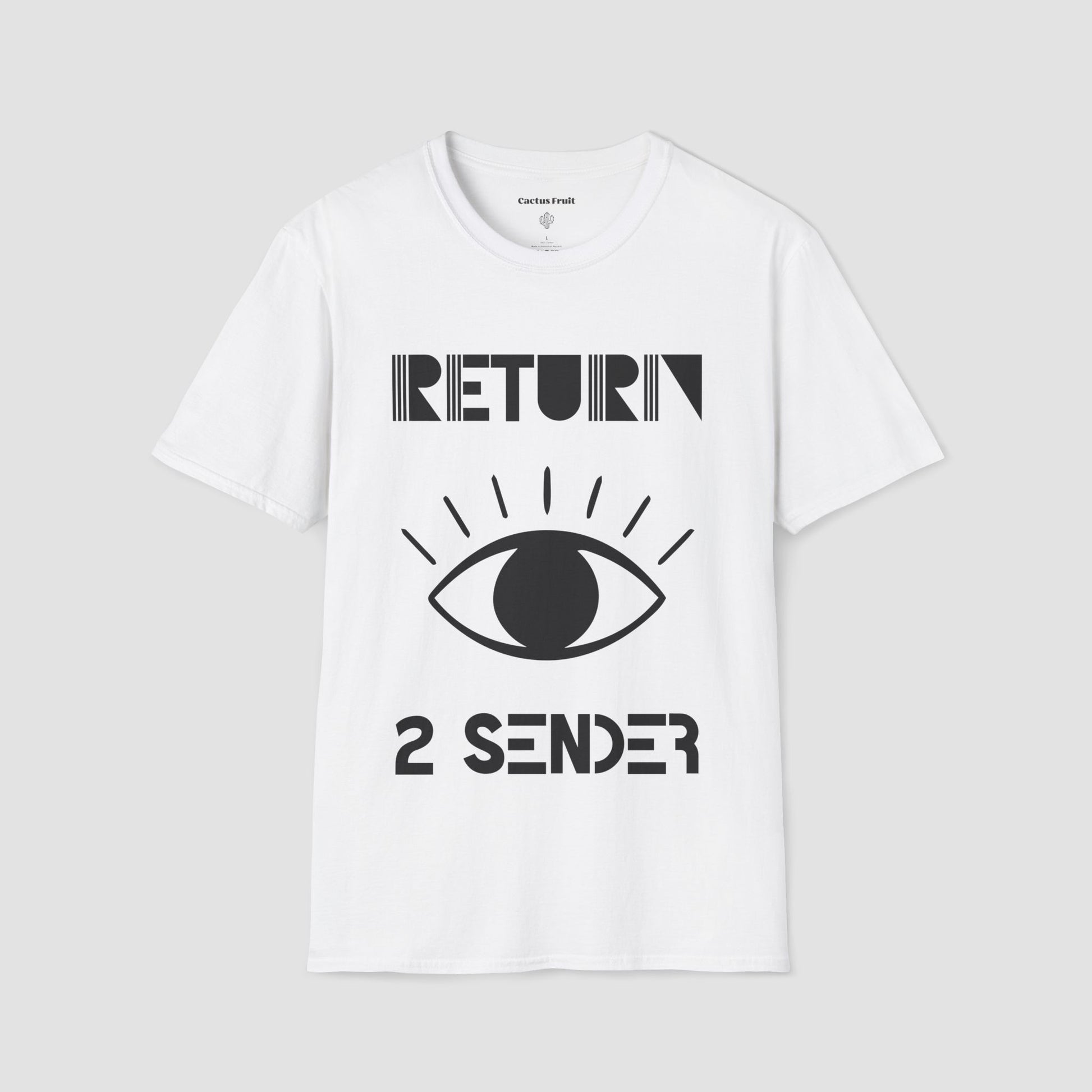 White T-Shirt with large  White  evil eye emblem on the front and the words Return 2 Sender.