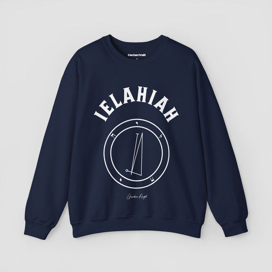 No.44 Shemhamphorasch Guardian Angel "Ielahiah"  Sweatshirt  in Navy Blue. With the seal of Ielahiah in white print on the front.