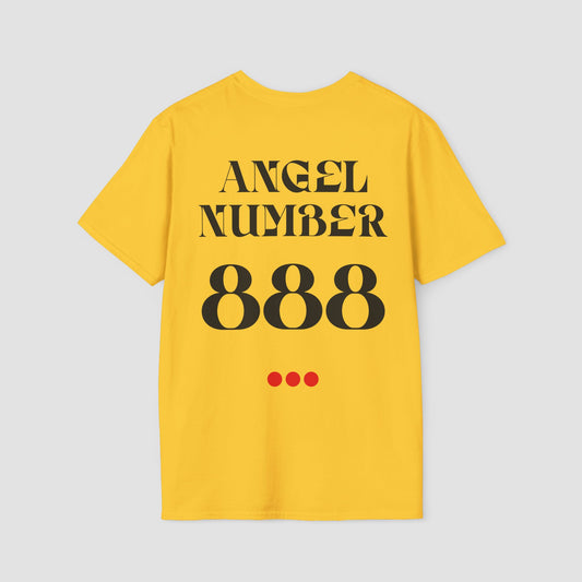 Yellow Tee with Angel Number 888 depicted on the back in black print and underscored by 3 red dots. A slogan is written across the front saying, "Read the signs" . 