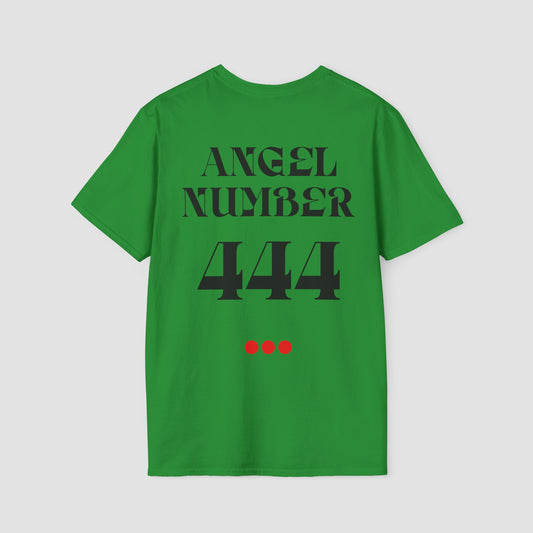 Green t-shirt with 'ANGEL NUMBER 444' printed on the back against a light gray background