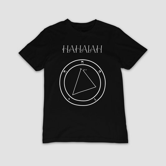 No.12_Hahaiah Shem Hamephorash Guardian Angel T-Shirt in black with symbol of Hahaiah on front. 